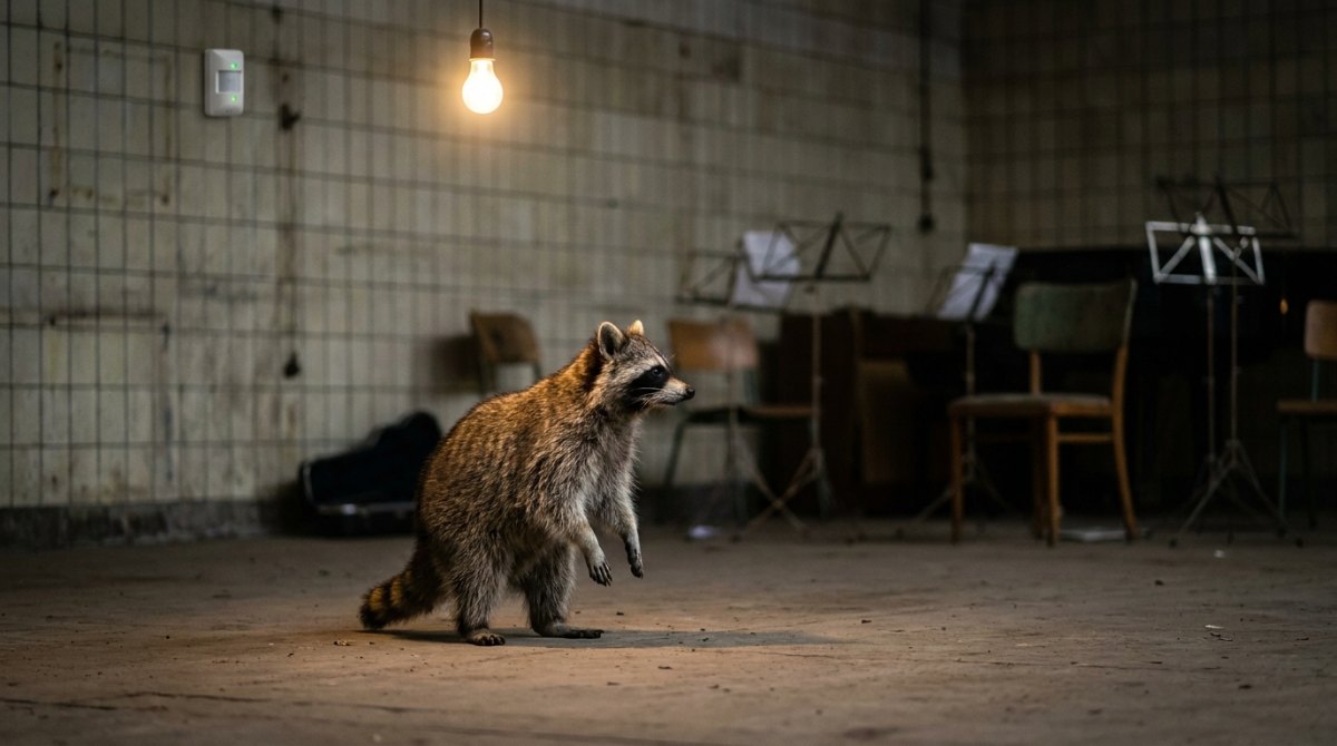 Bühnenpräsenz Übungen: Waschbär steht aufrecht im Probenraum unter einem Bewegungsmelder