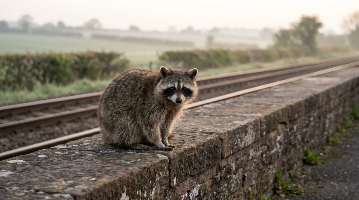 Waschbär sitzt still an der Bahnsteigkante und hält Blickkontakt – Bühnenpräsenz Übungen