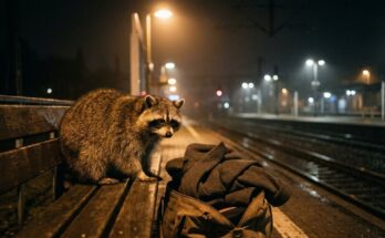 Bühnenrolle ablegen: Waschbär nachts auf der Bahnsteigbank neben einer Tasche mit dem abgelegten Mantel