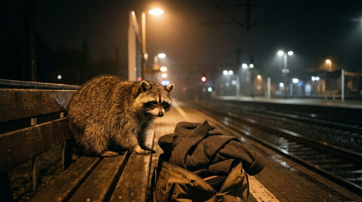 Bühnenrolle ablegen: Waschbär nachts auf der Bahnsteigbank neben einer Tasche mit dem abgelegten Mantel