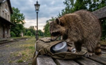 Bühnentasche packen: ein Waschbär schnuppert auf einer Bahnsteigbank an einer offenen Umhängetasche mit Gaffer-Tape und Taschenlampe
