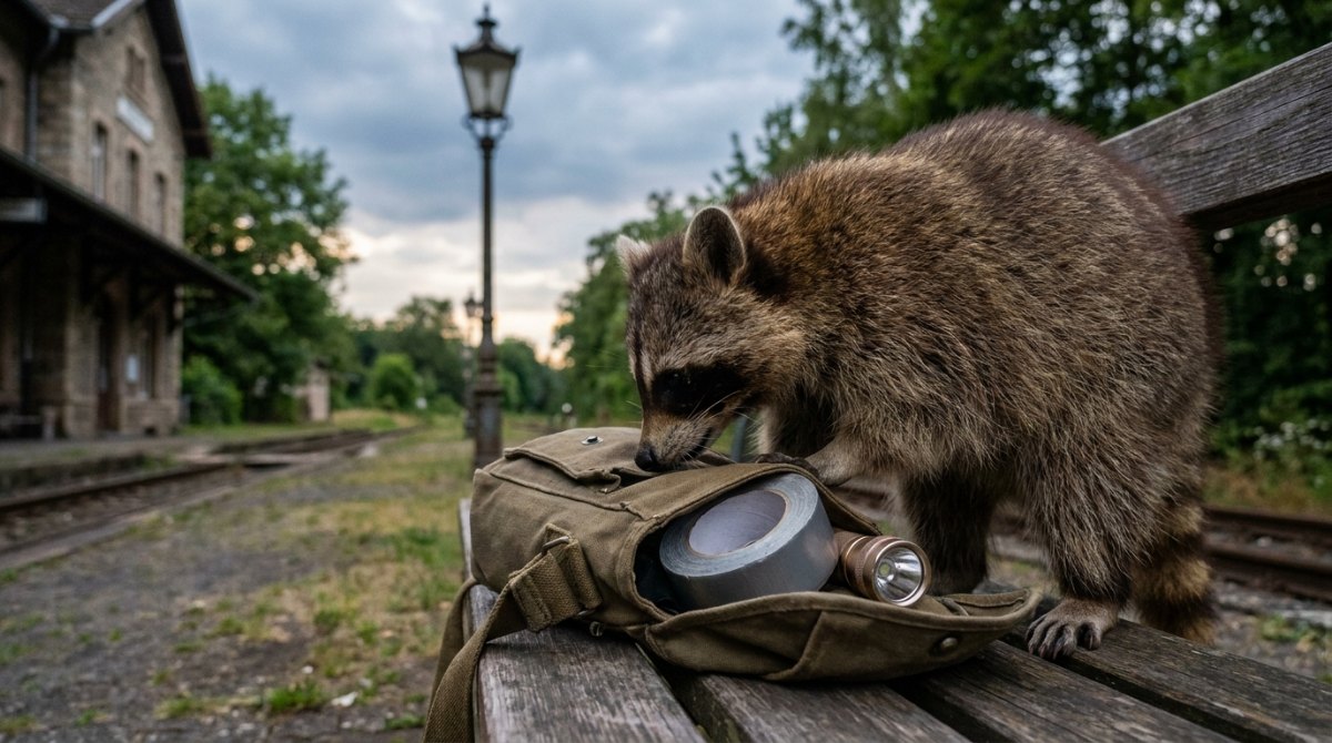 Bühnentasche packen: ein Waschbär schnuppert auf einer Bahnsteigbank an einer offenen Umhängetasche mit Gaffer-Tape und Taschenlampe