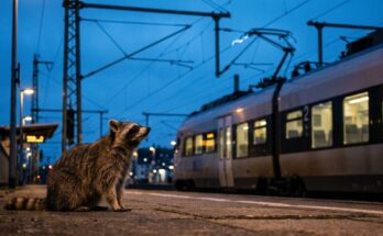 Waschbär am Bahnsteig in der Dämmerung schaut zum Stromabnehmer, der die Oberleitung berührt – Bühnenwirkung ist ein Kontakt