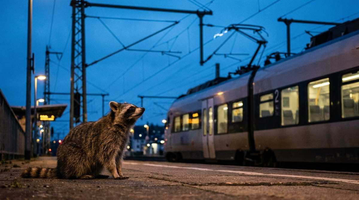 Waschbär am Bahnsteig in der Dämmerung schaut zum Stromabnehmer, der die Oberleitung berührt – Bühnenwirkung ist ein Kontakt