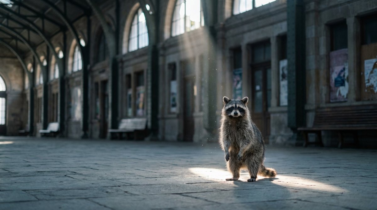 Waschbär steht still in einem Lichtkegel in einer leeren Bahnhofshalle – Bühnenwirkung durch Stillstehen