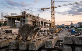 Burj Khalifa gegen deutsche Baustellen: Waschbär auf Betonschwellen vor einem Bahnhofsrohbau mit Kran