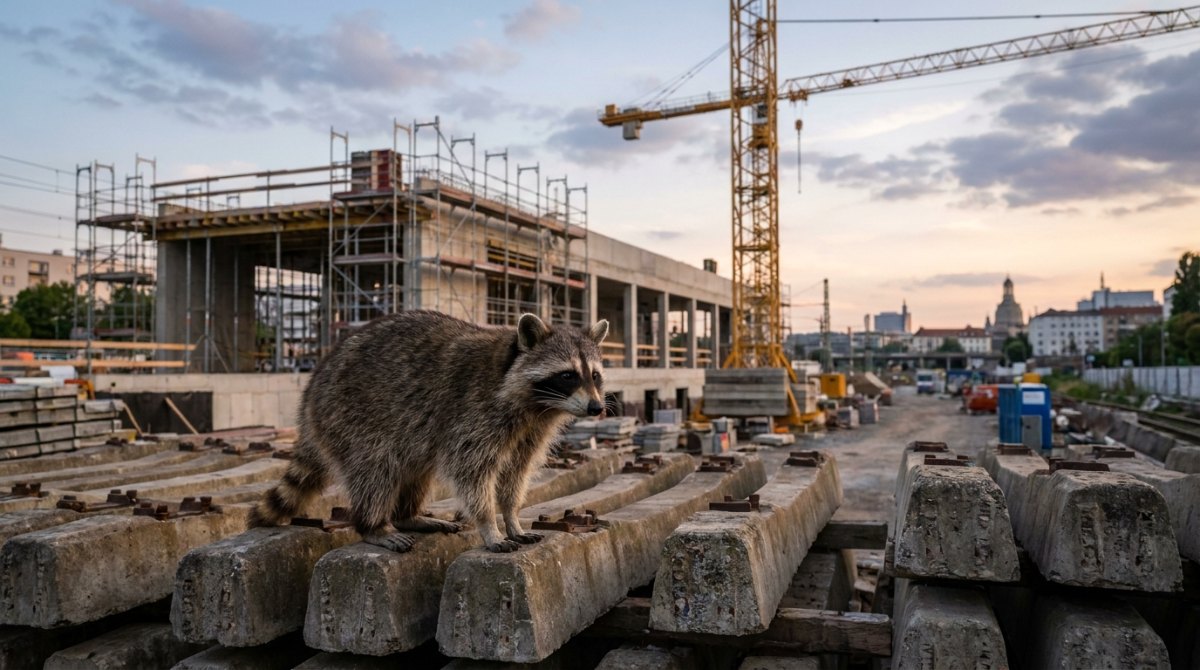 Burj Khalifa gegen deutsche Baustellen: Waschbär auf Betonschwellen vor einem Bahnhofsrohbau mit Kran