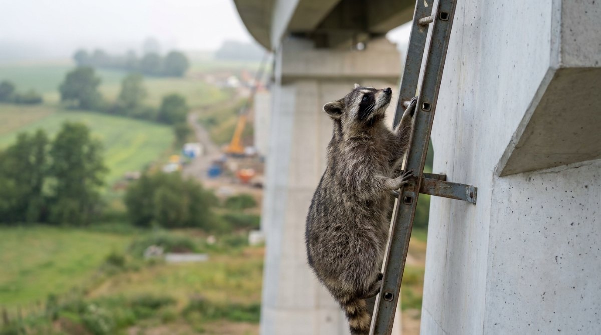 Burj Khalifa-Prinzip: Waschbär klettert an einem Viaduktpfeiler die Leiter hinauf