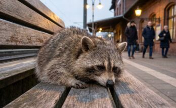 Poetry Slam über Burnout: ein erschöpfter Waschbär liegt schlapp auf einer Bahnsteigbank