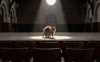 Charisma: Waschbär steht im Lichtkegel auf der Bühne eines alten Bahnhofssaals