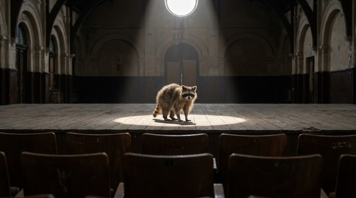 Charisma: Waschbär steht im Lichtkegel auf der Bühne eines alten Bahnhofssaals