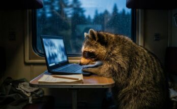 ChatGPT für Poetry Slam: Waschbär vor einem Laptop im Nachtzugabteil, daneben Notizbuch und Bleistift