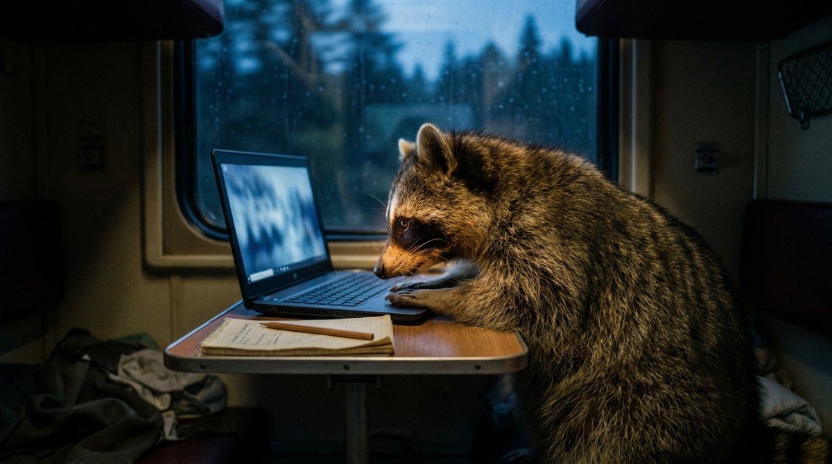 ChatGPT für Poetry Slam: Waschbär vor einem Laptop im Nachtzugabteil, daneben Notizbuch und Bleistift