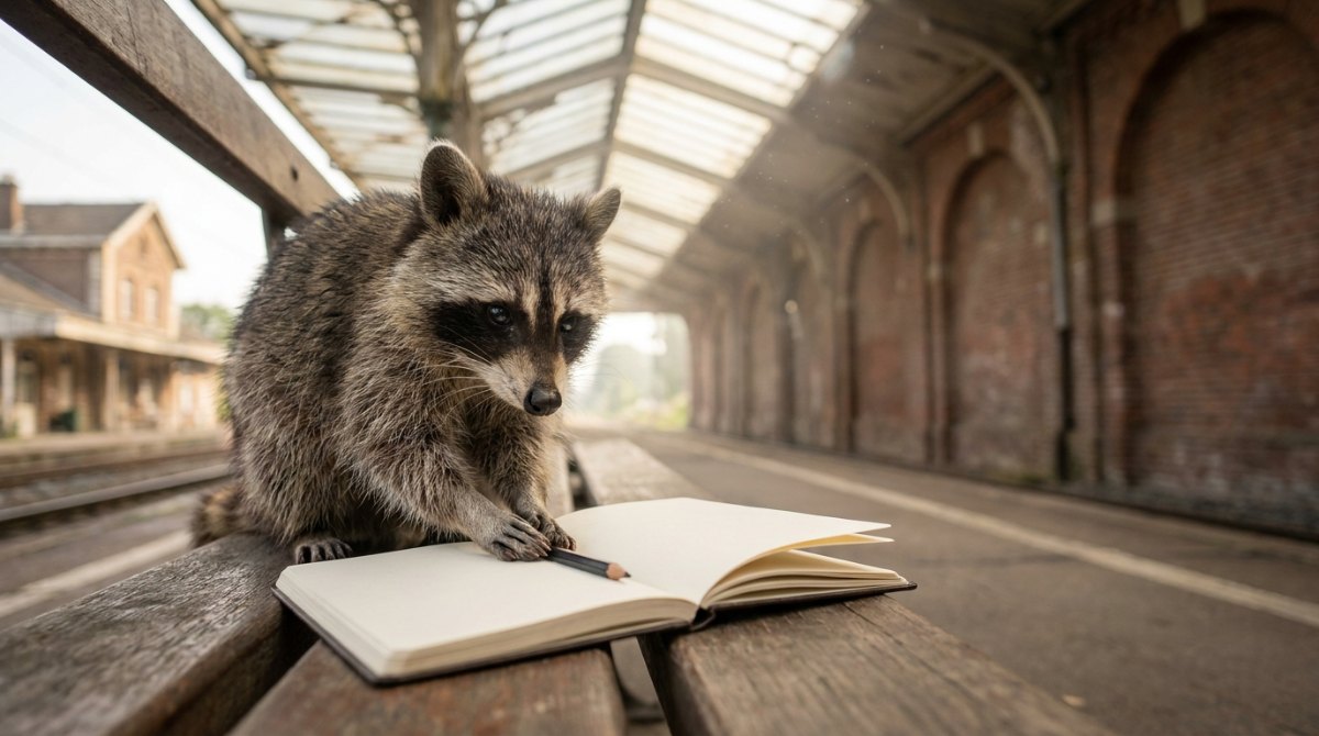 ChatGPT für Poetry Slam: Waschbär mit Bleistift über einem leeren Notizbuch auf einer Bahnsteigbank