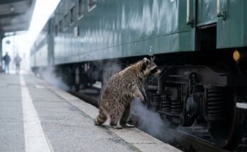 Poetry Slam Checkliste: ein Waschbär prüft am Bahnsteig die Räder eines abgestellten Reisezugs