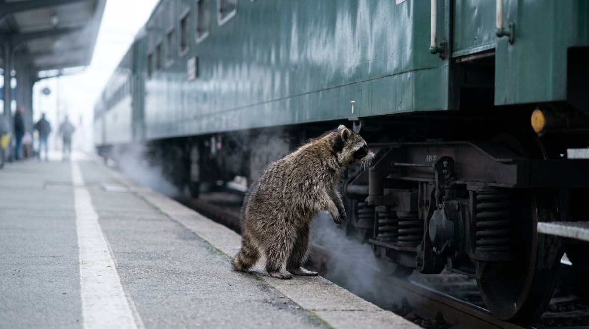Poetry Slam Checkliste: ein Waschbär prüft am Bahnsteig die Räder eines abgestellten Reisezugs