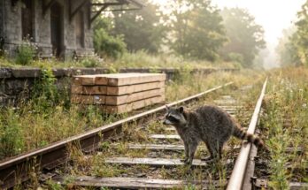 Comeback Bühne: Waschbär auf rostigen Schienen einer zugewachsenen Strecke neben frischen Schwellen