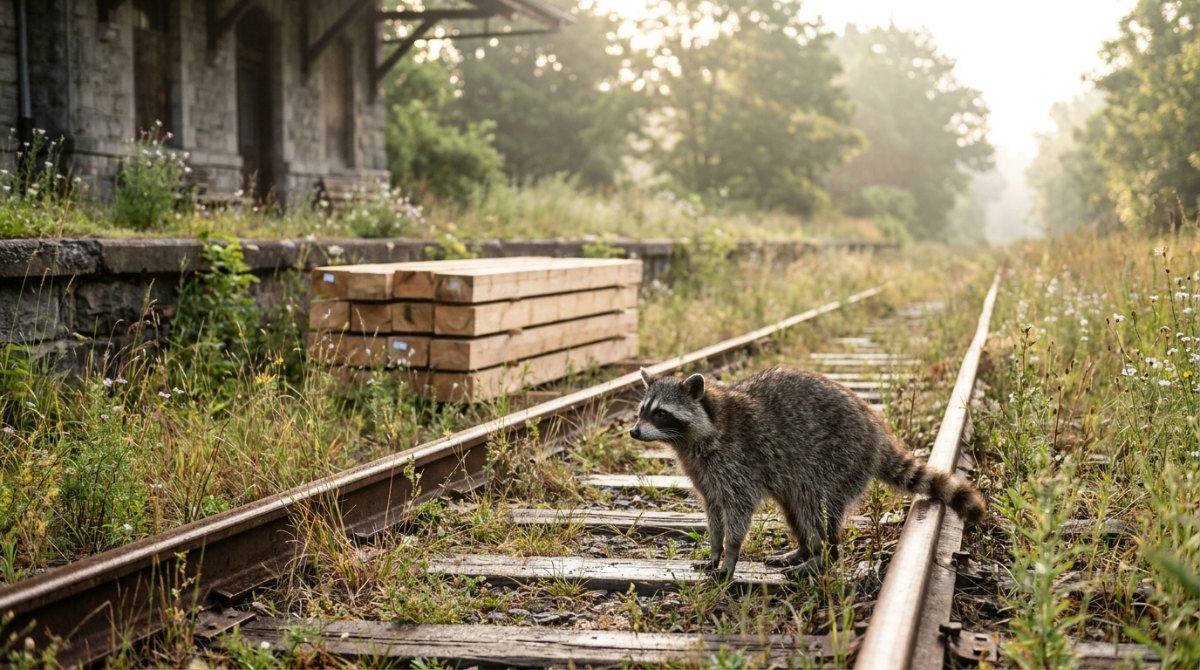 Comeback Bühne: Waschbär auf rostigen Schienen einer zugewachsenen Strecke neben frischen Schwellen