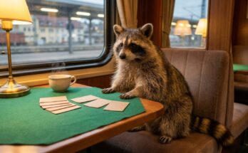 Deep Talk im Speisewagen: Waschbär am Tisch mit Fragenkarten und Tee