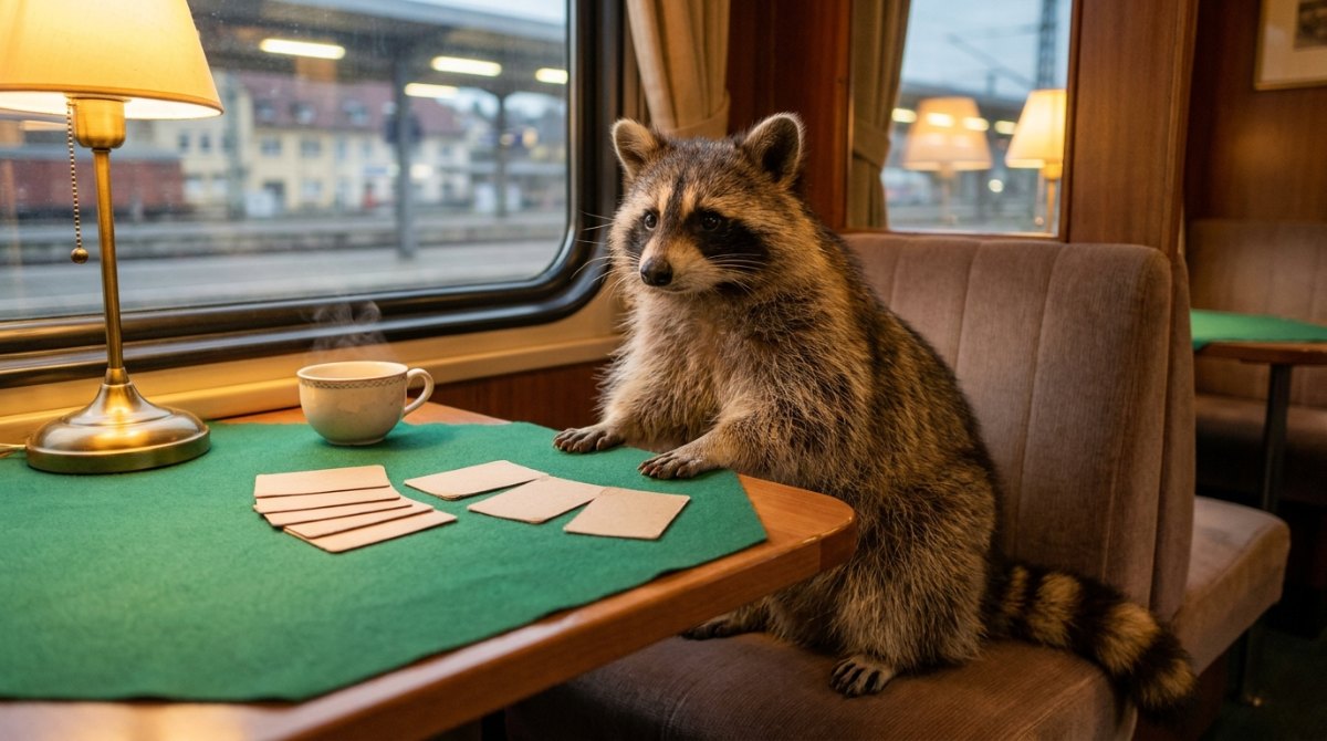Deep Talk im Speisewagen: Waschbär am Tisch mit Fragenkarten und Tee