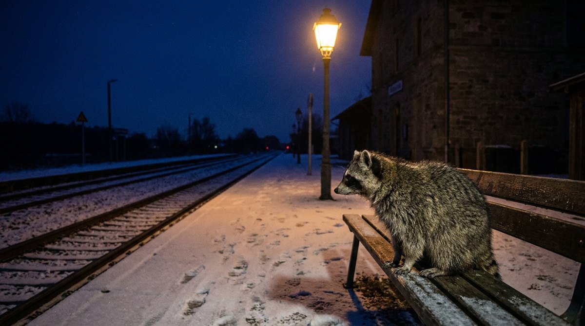 Deep Talk um drei Uhr nachts: Waschbär allein auf der Bank am verschneiten Bahnsteig