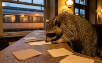 Poetry Slam Klischees tippen: Waschbär an der Theke der Bahnhofskneipe mit leerem Tippschein und Bleistift
