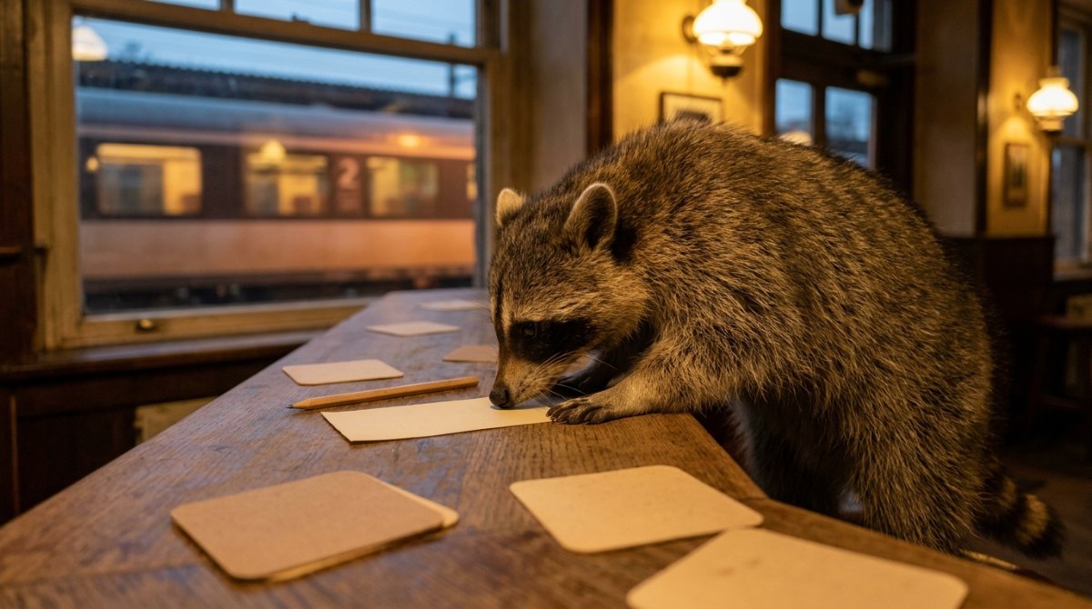 Poetry Slam Klischees tippen: Waschbär an der Theke der Bahnhofskneipe mit leerem Tippschein und Bleistift
