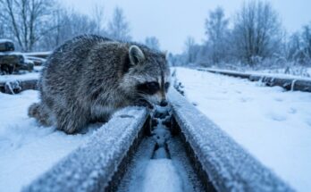 Denkblockade wie eine eingefrorene Weiche: Ein Waschbär schaut in den vereisten Spalt zwischen zwei Schienen