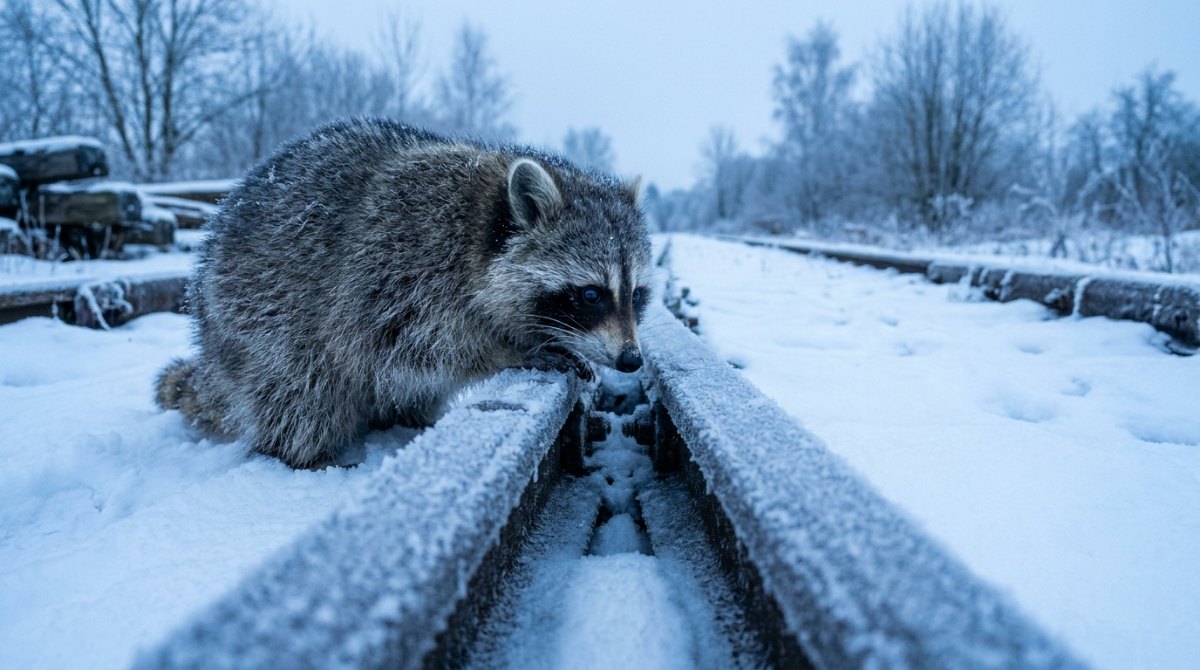 Denkblockade wie eine eingefrorene Weiche: Ein Waschbär schaut in den vereisten Spalt zwischen zwei Schienen