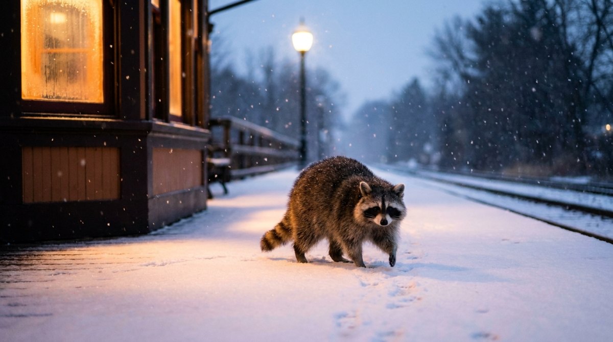 Denkblockade lösen mit Wärme: Ein Waschbär läuft im Schneefall am erleuchteten Wartesaal eines Bahnhofs vorbei