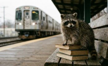 Poetry Slam im Deutschunterricht: ein Waschbär sitzt auf einem Stapel alter Bücher auf einer Bahnsteigbank