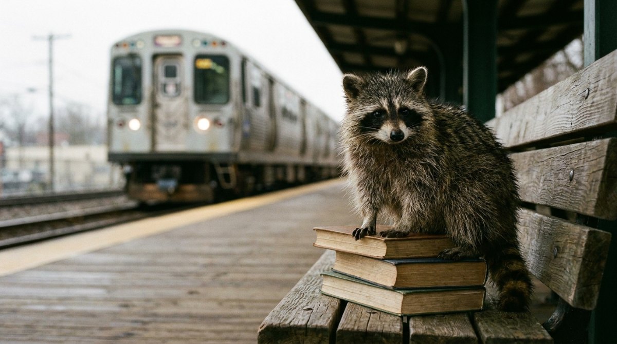 Poetry Slam im Deutschunterricht: ein Waschbär sitzt auf einem Stapel alter Bücher auf einer Bahnsteigbank
