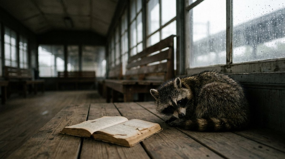Ein Waschbär liegt im Wartesaal neben einem aufgeschlagenen Buch, draußen regnet es