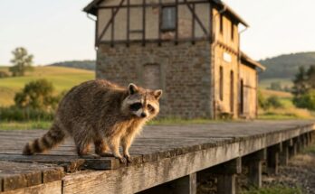 Dialekt: Waschbär auf dem Holzbahnsteig eines kleinen Landbahnhofs mit Fachwerk