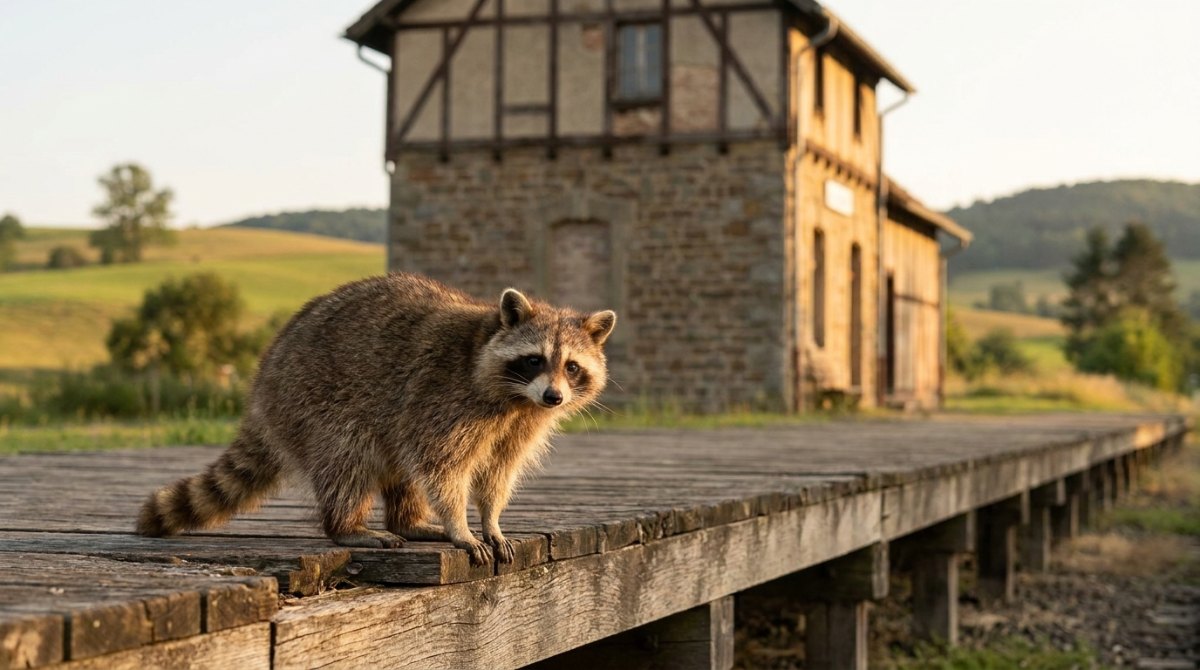 Dialekt: Waschbär auf dem Holzbahnsteig eines kleinen Landbahnhofs mit Fachwerk
