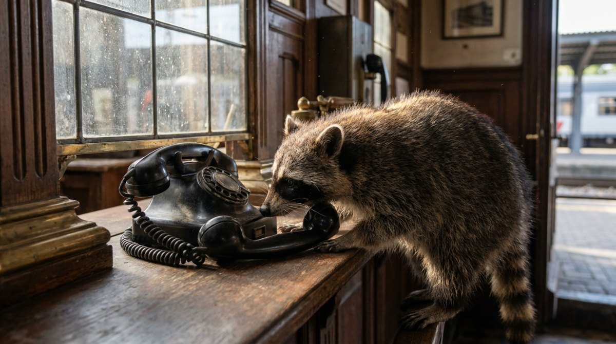 Dialekt: Waschbär lauscht am Hörer eines alten Wählscheibentelefons im Fahrkartenschalter