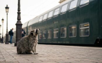 Waschbär schaut am Bahnsteig zu einem Doppelstockwagen hinauf – Dialog im Text auf zwei Ebenen