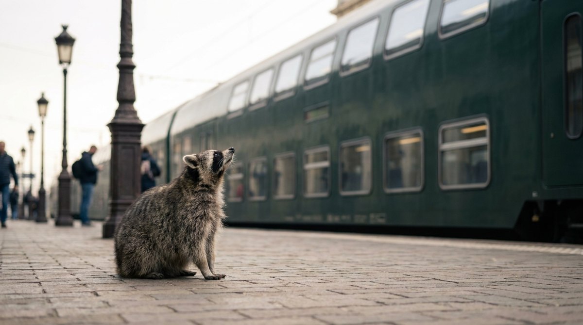 Waschbär schaut am Bahnsteig zu einem Doppelstockwagen hinauf – Dialog im Text auf zwei Ebenen