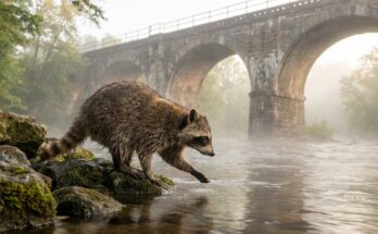 Poetry Slam Einstieg: Waschbär am Flussufer unter einem Eisenbahnviadukt, bereit zum Zugreifen