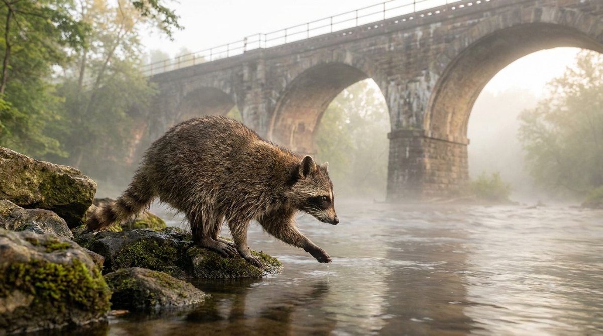 Poetry Slam Einstieg: Waschbär am Flussufer unter einem Eisenbahnviadukt, bereit zum Zugreifen