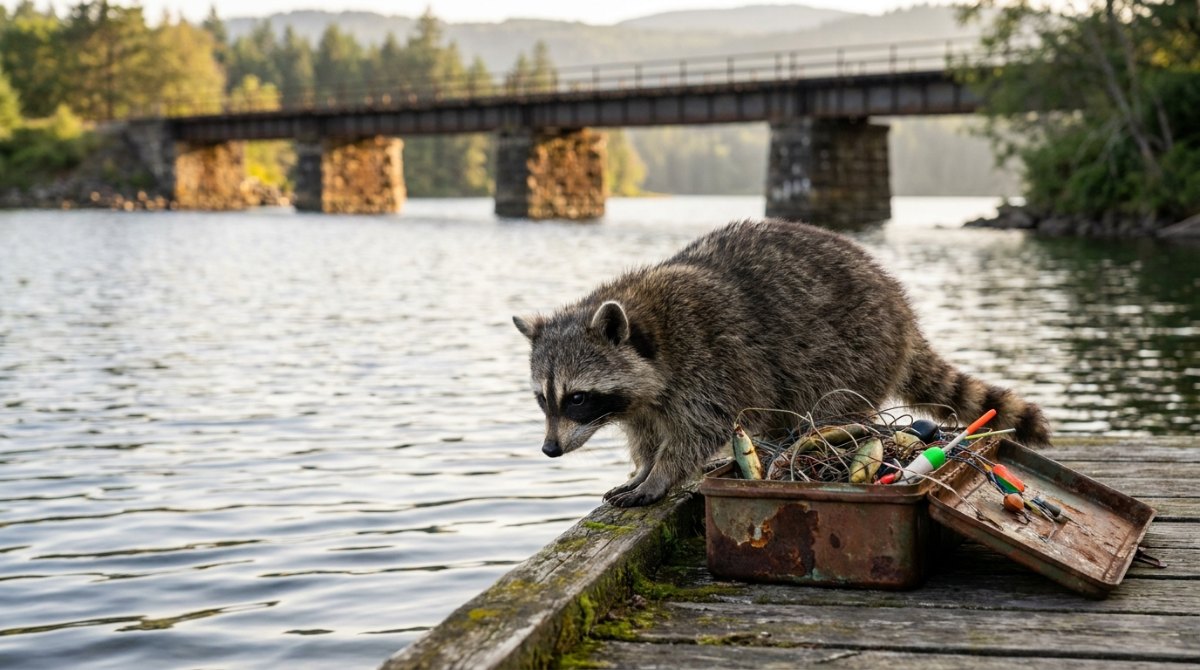 Poetry Slam Einstieg wie beim Angeln: Waschbär auf dem Steg neben einer offenen Anglerkiste, hinten die Eisenbahnbrücke über den See
