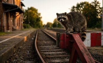 Pointe schreiben: Waschbär sitzt auf dem Prellbock am Gleisende in der Abenddämmerung