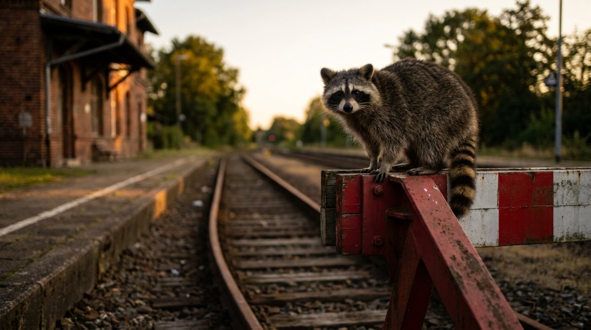 Pointe schreiben: Waschbär sitzt auf dem Prellbock am Gleisende in der Abenddämmerung