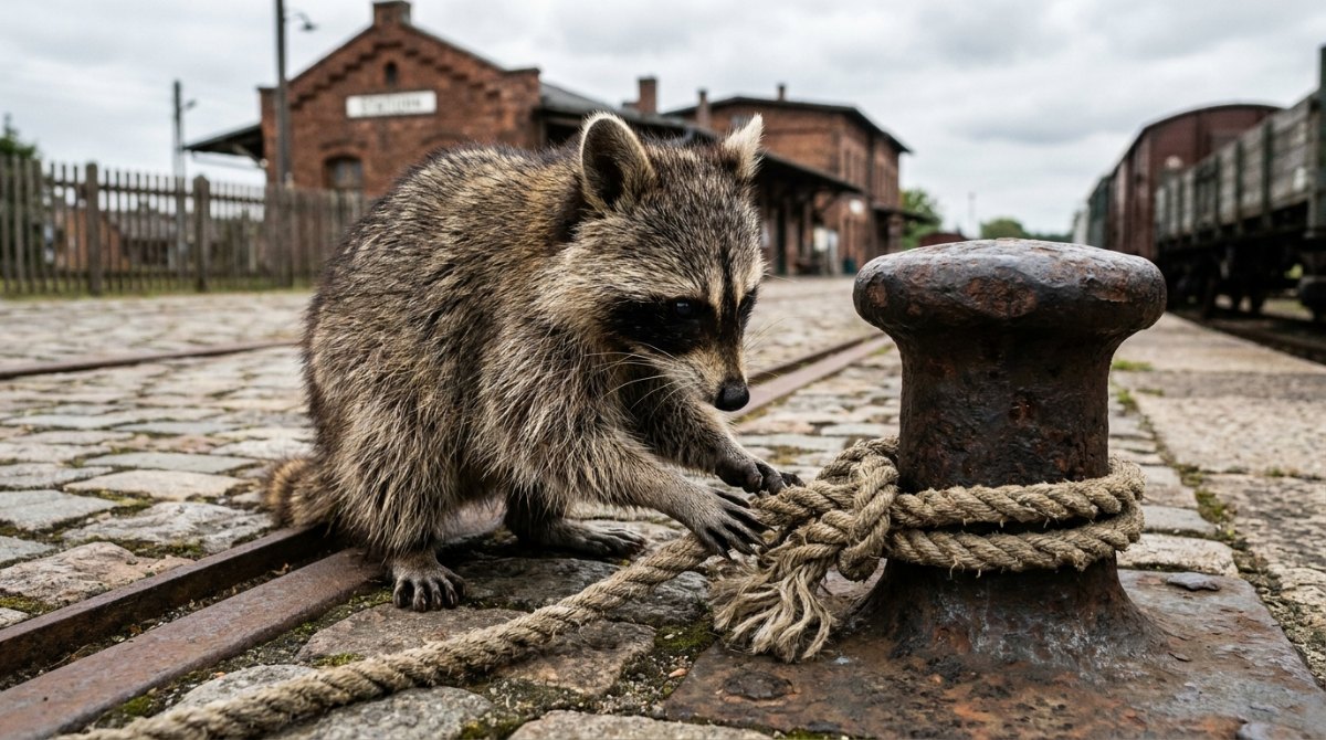 Pointe schreiben wie einen Knoten: Waschbär untersucht ein Tau am Poller der Hafenbahn