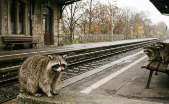 Poetry Slam über Eifersucht: ein Waschbär blickt über die Gleise zu zwei Waschbären auf dem Gegenbahnsteig