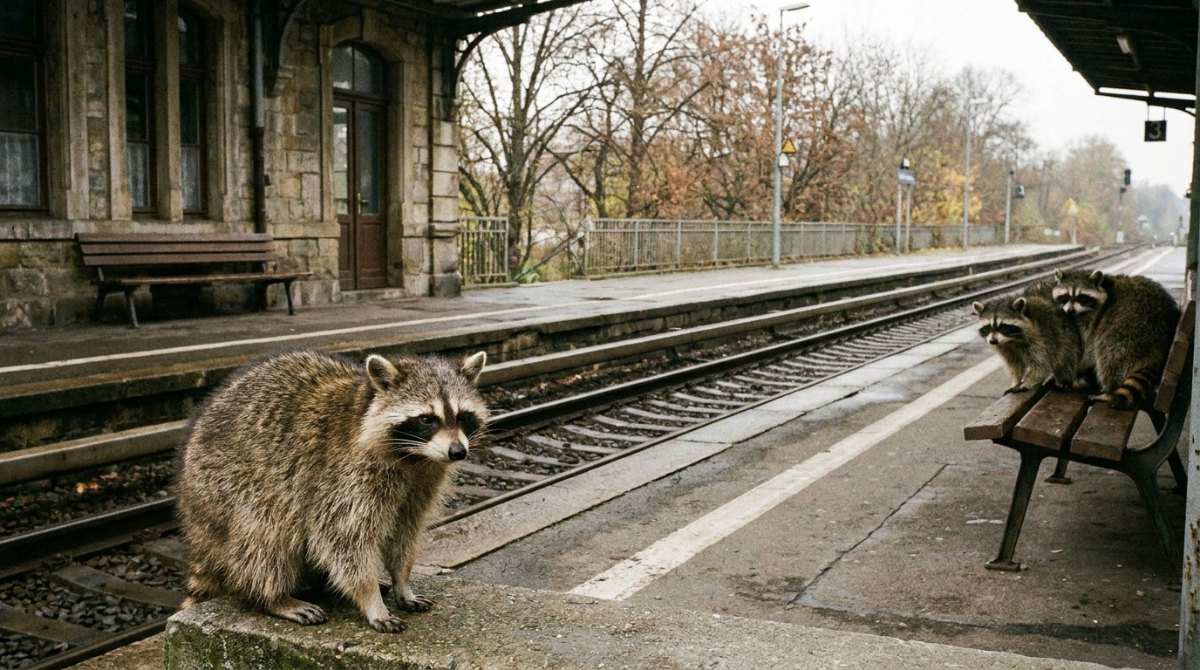 Poetry Slam über Eifersucht: ein Waschbär blickt über die Gleise zu zwei Waschbären auf dem Gegenbahnsteig