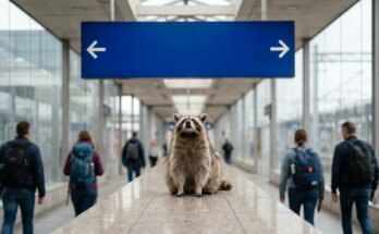 Eigene Website für Künstler: Waschbär unter einem blauen Wegweiser im Bahnhof