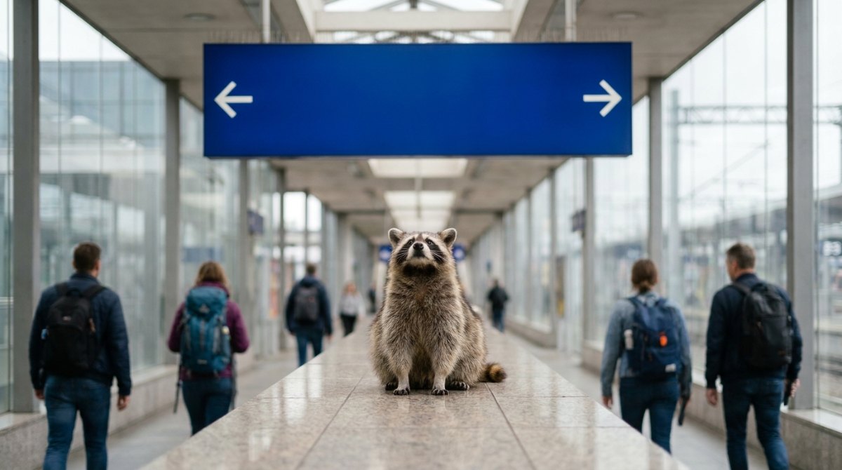 Eigene Website für Künstler: Waschbär unter einem blauen Wegweiser im Bahnhof