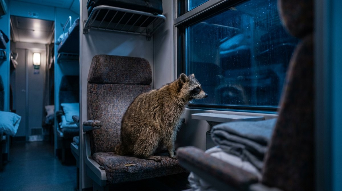 Poetry Slam über Einsamkeit: ein Waschbär sitzt allein in einem Abteil des Nachtzugs