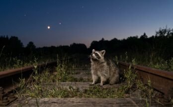 Elon Musk und der Mars: Waschbär auf stillgelegten Gleisen schaut in den Abendhimmel